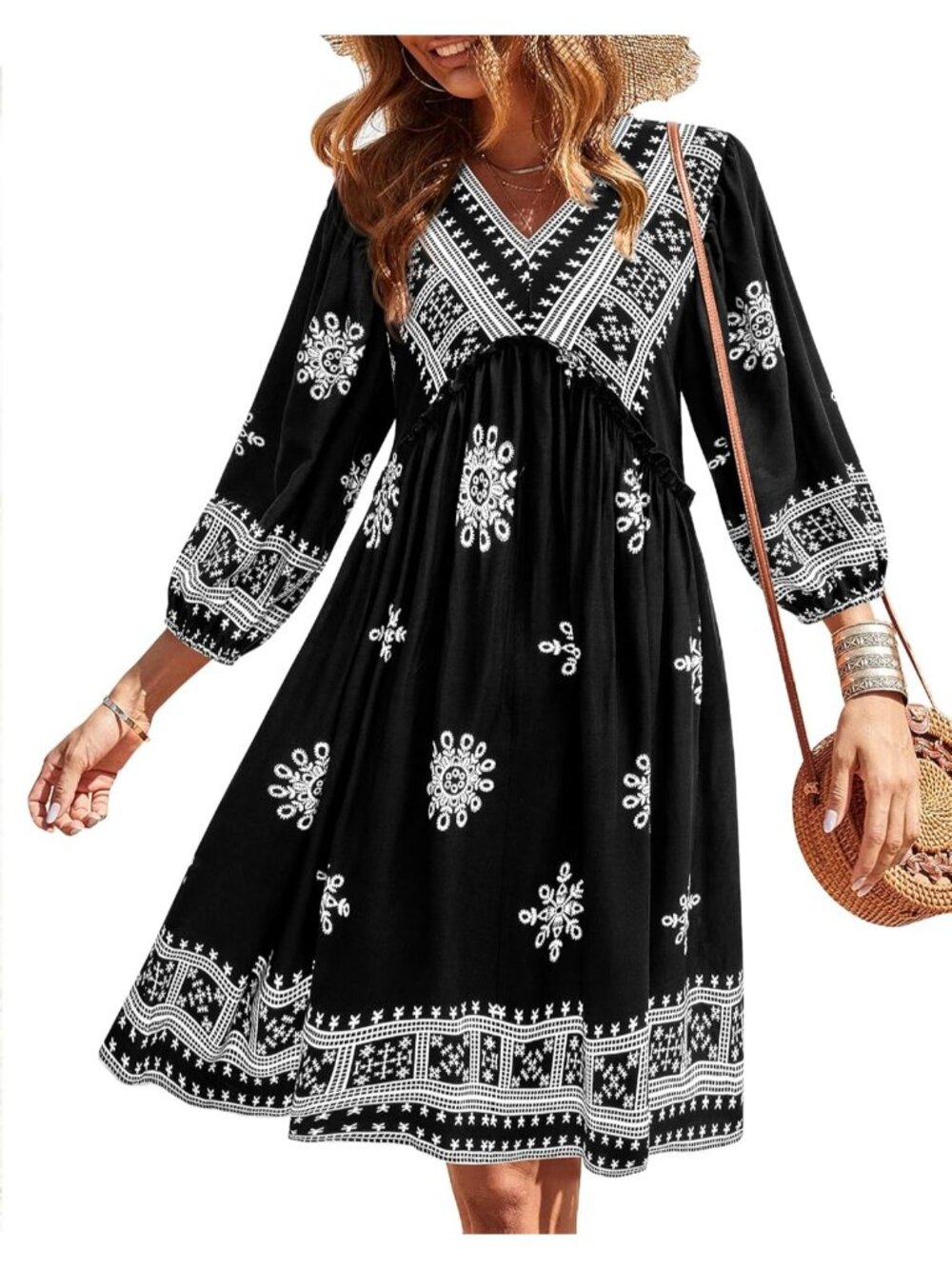Women's Floral Print Black 3/4 Long Sleeve V Neck Casual Mini Short Dress